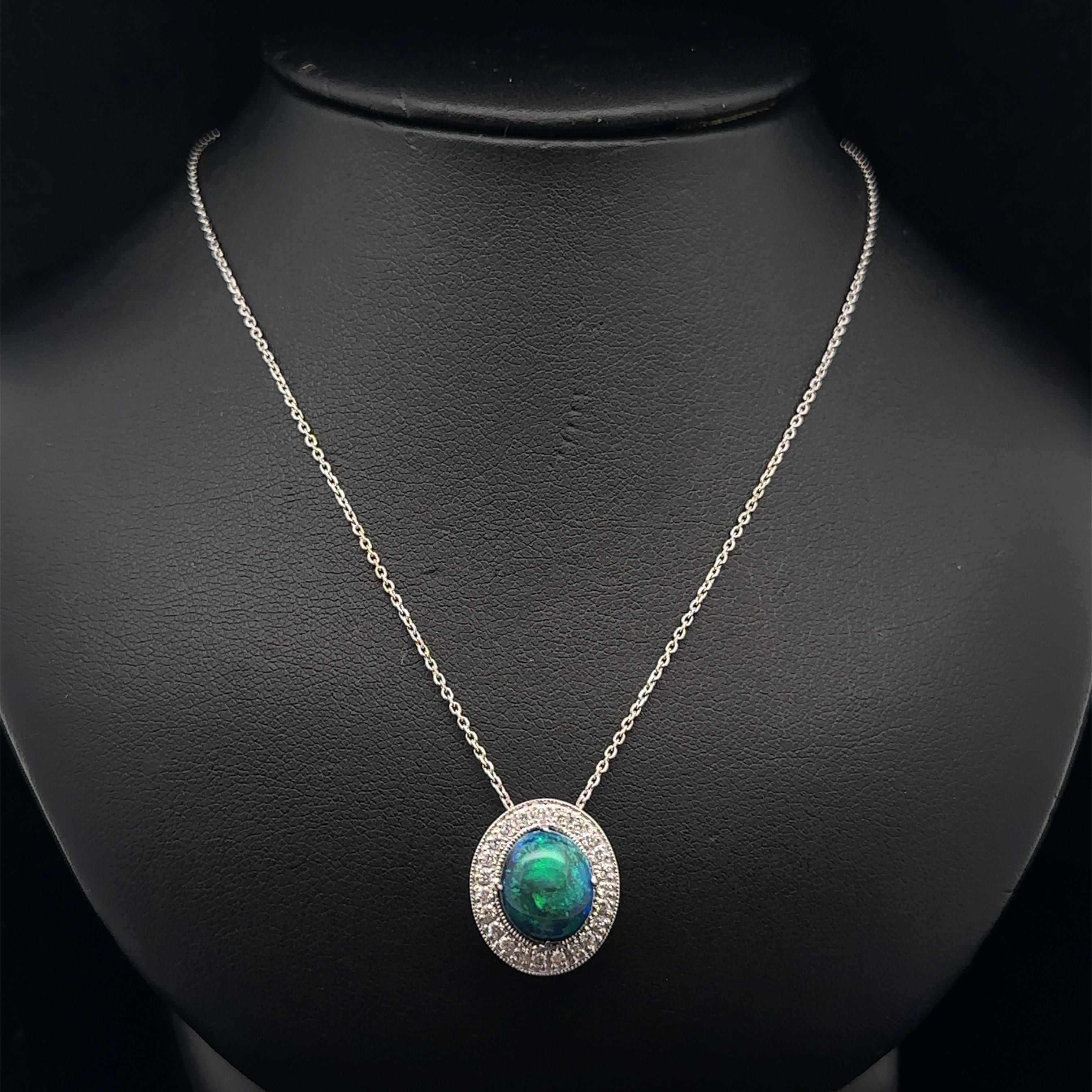 18k Gold 3.17ctw Cabochon Black Opal w/ Diamond Halo Pendant Adjustable Necklace 3