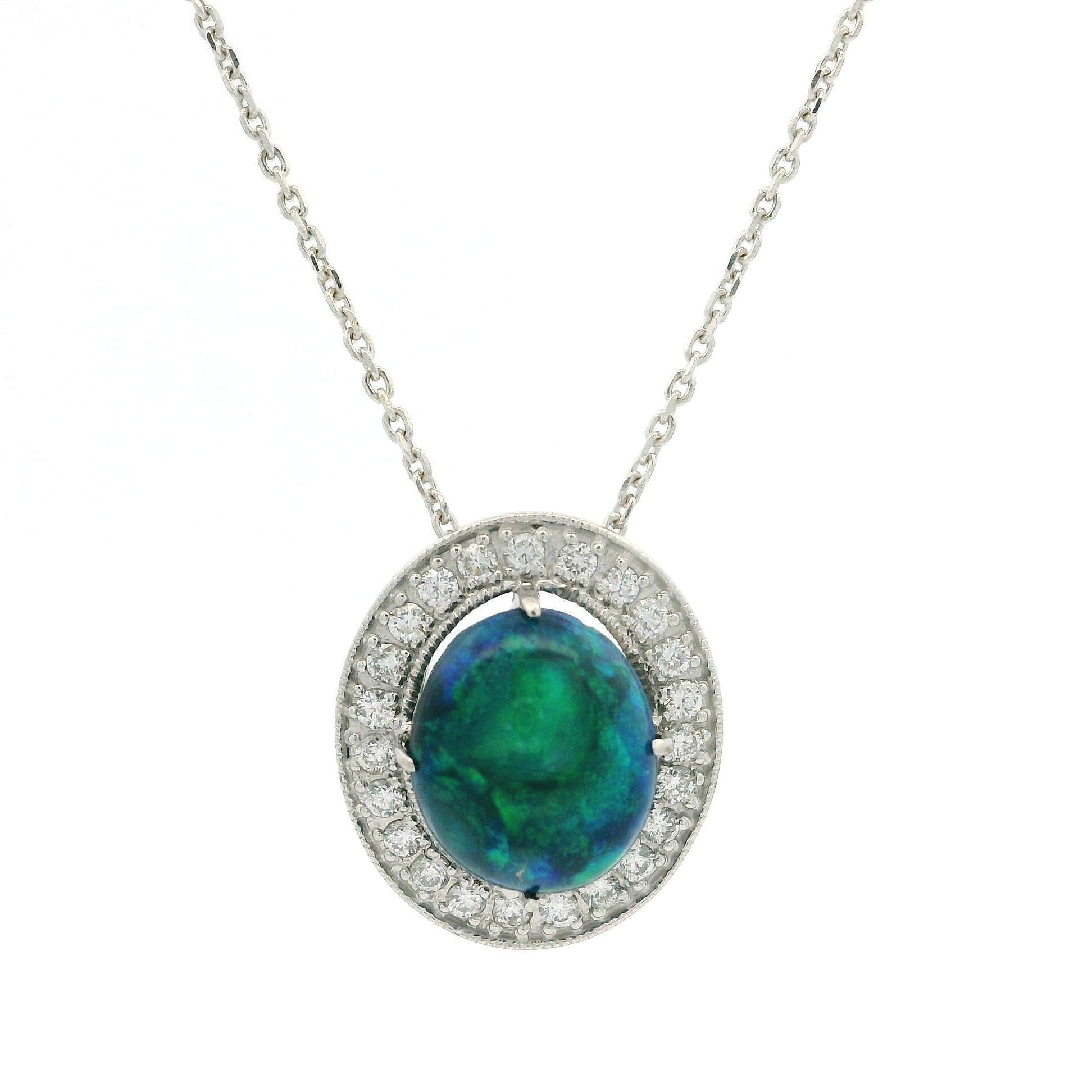 18k Gold 3.17ctw Cabochon Black Opal w/ Diamond Halo Pendant Adjustable Necklace 4