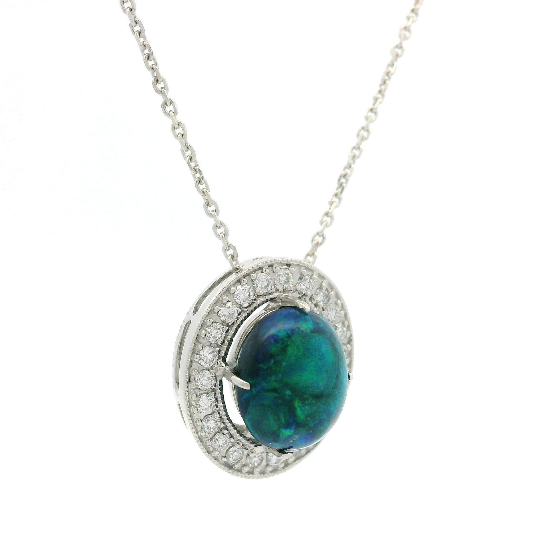 18k Gold 3.17ctw Cabochon Black Opal w/ Diamond Halo Pendant Adjustable Necklace 5