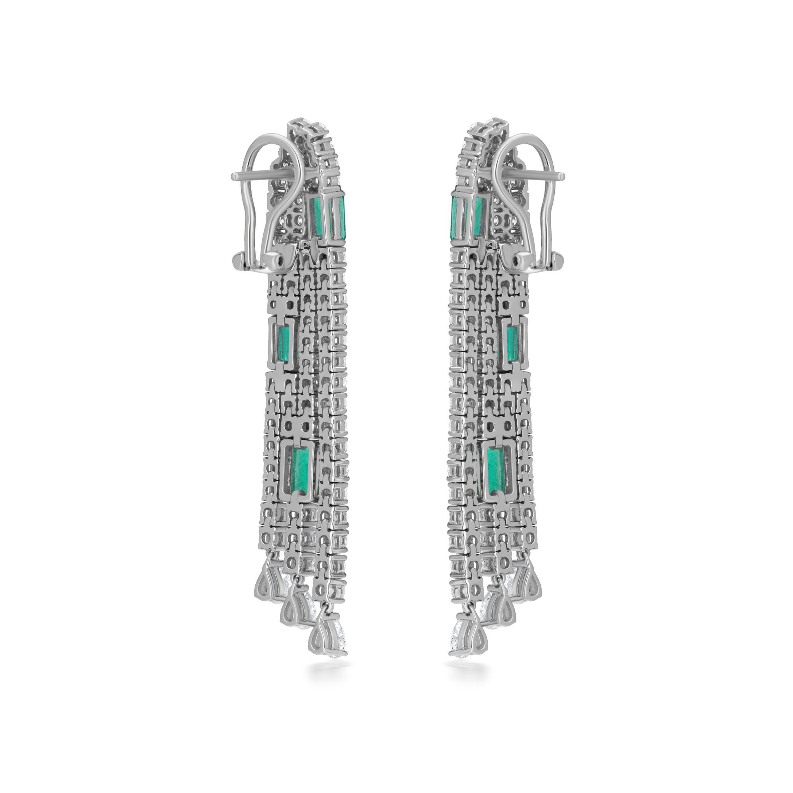 3.2 Cts. Octagon Emerald & 6 Cts. Diamond Dangle Earrings in 18K White Gold  In New Condition In New York, NY