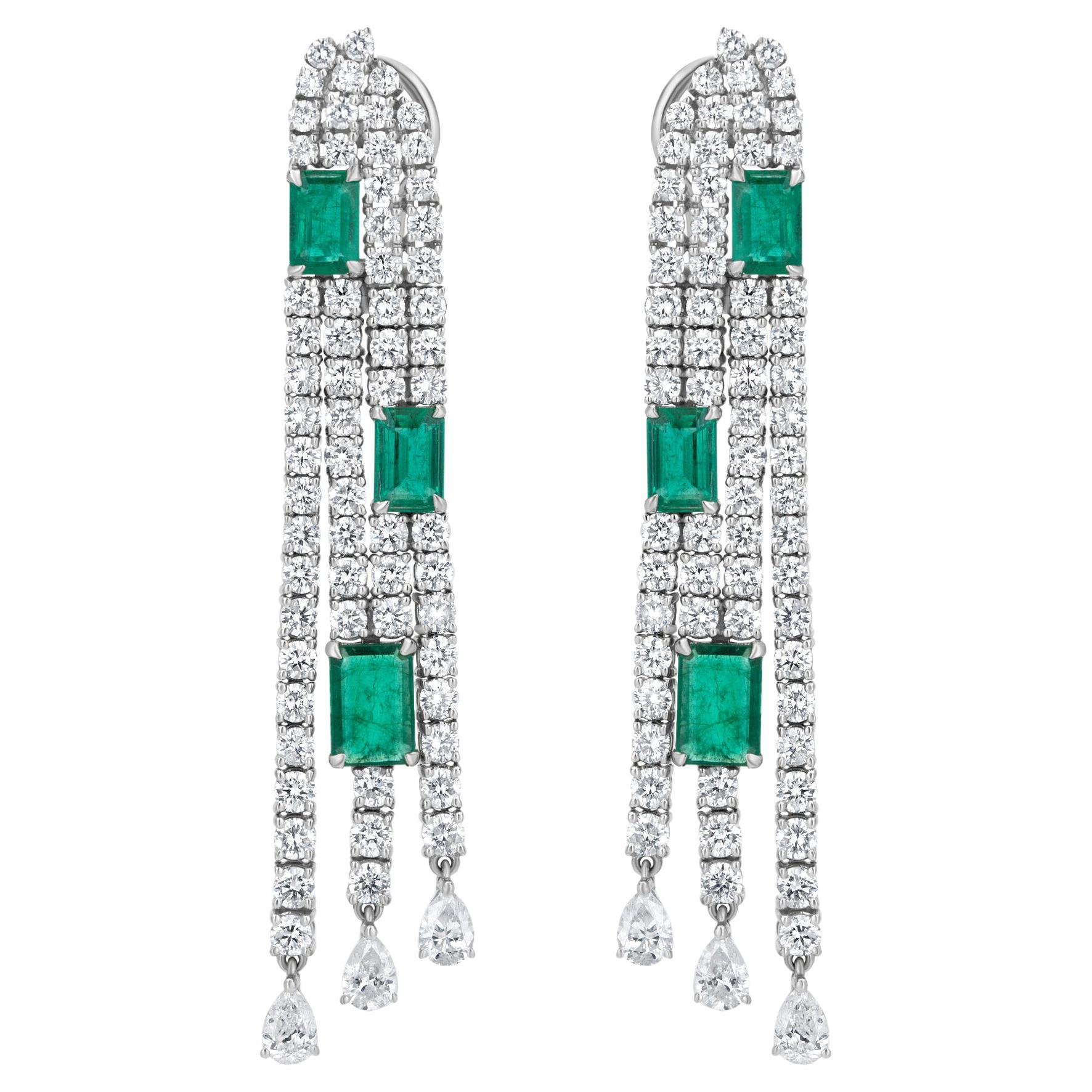 3.2 Cts. Octagon Emerald & 6 Cts. Diamond Dangle Earrings in 18K White Gold 