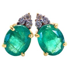 18K Gold 3.20ct Oval Emerald & 0.12ct Diamond Fine Good Size Stud Earring