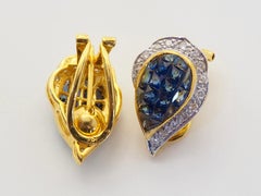 18K Gold 3.20ct Squared Blue Sapphire & 0.29ct Diamond Invisible Clip Earrings