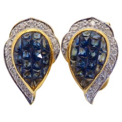 18K Gold 3.20ct Squared Blue Sapphire & 0.29ct Diamond Invisible Clip Earrings