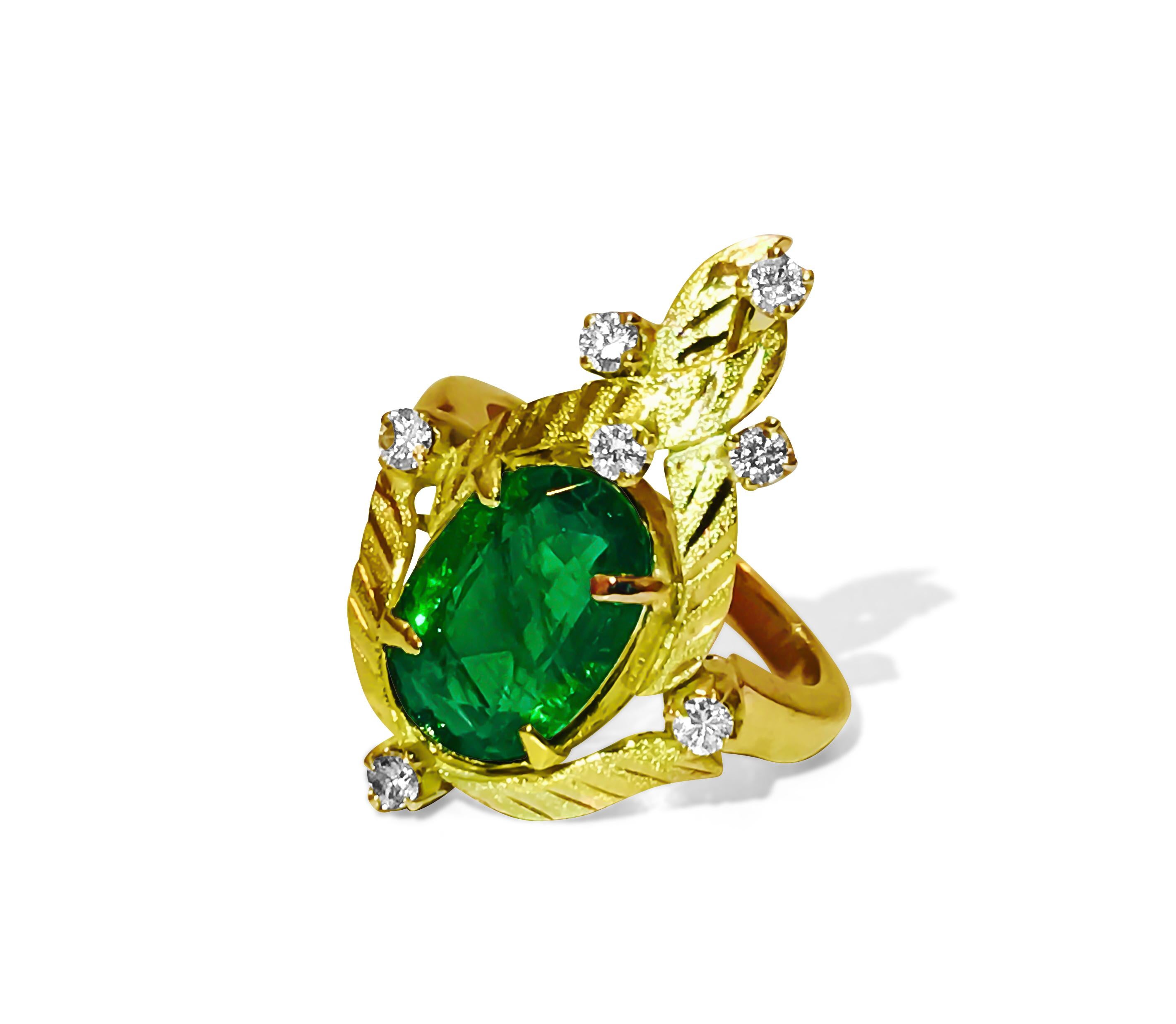 Exuding opulence and sophistication, this exquisite ring is crafted from 18K yellow gold and features a breathtaking 2.89 carat oval-cut Colombian emerald. Accentuating its beauty are shimmering diamonds totaling 0.35 carats, boasting G color and VS