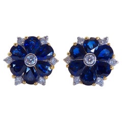 18K Gold 3.30ct Blue Sapphires & 0.32ct Diamond Flower Motif Stud Earrings
