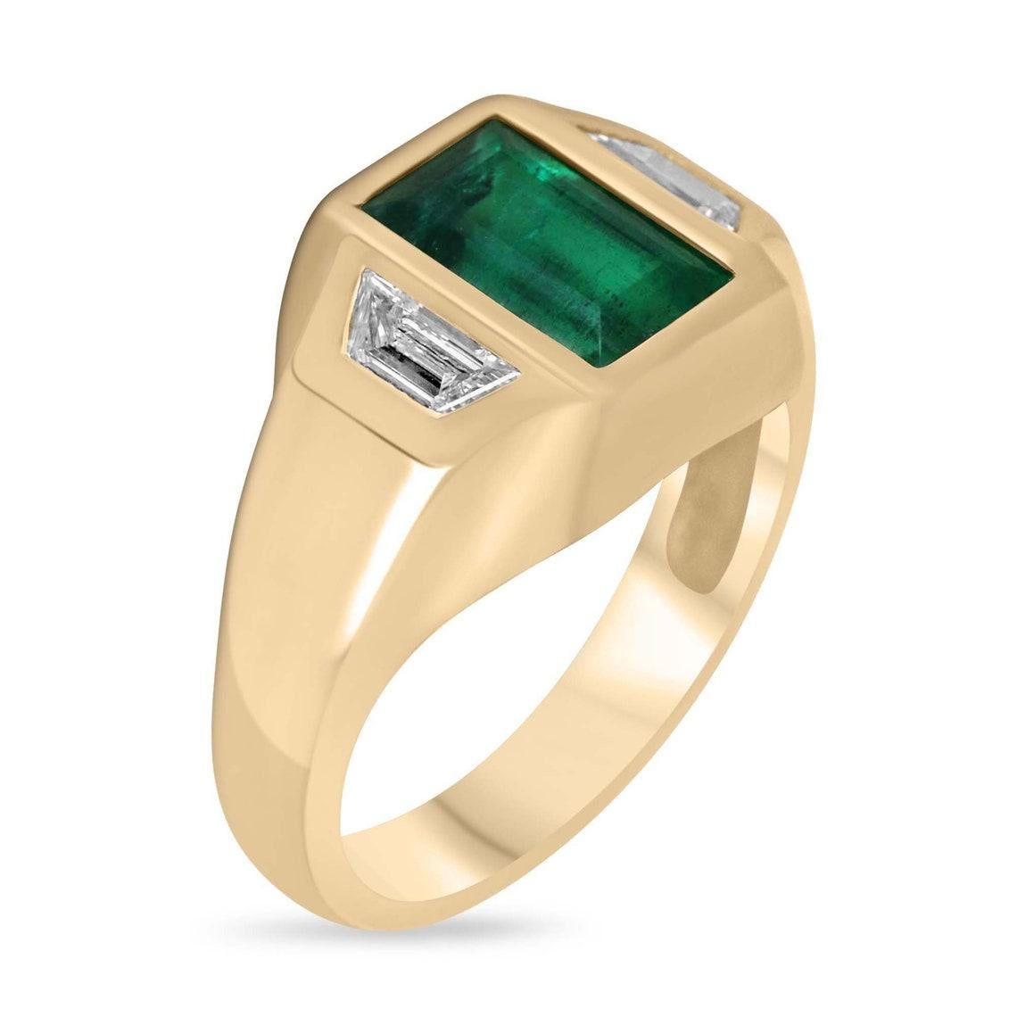 Exuding timeless elegance and sophistication, this emerald and diamond three-stone ring is a testament to refined craftsmanship. The centerpiece boasts a breathtaking 2.80-carat emerald cut emerald from Zambia, displaying a remarkable deep rich