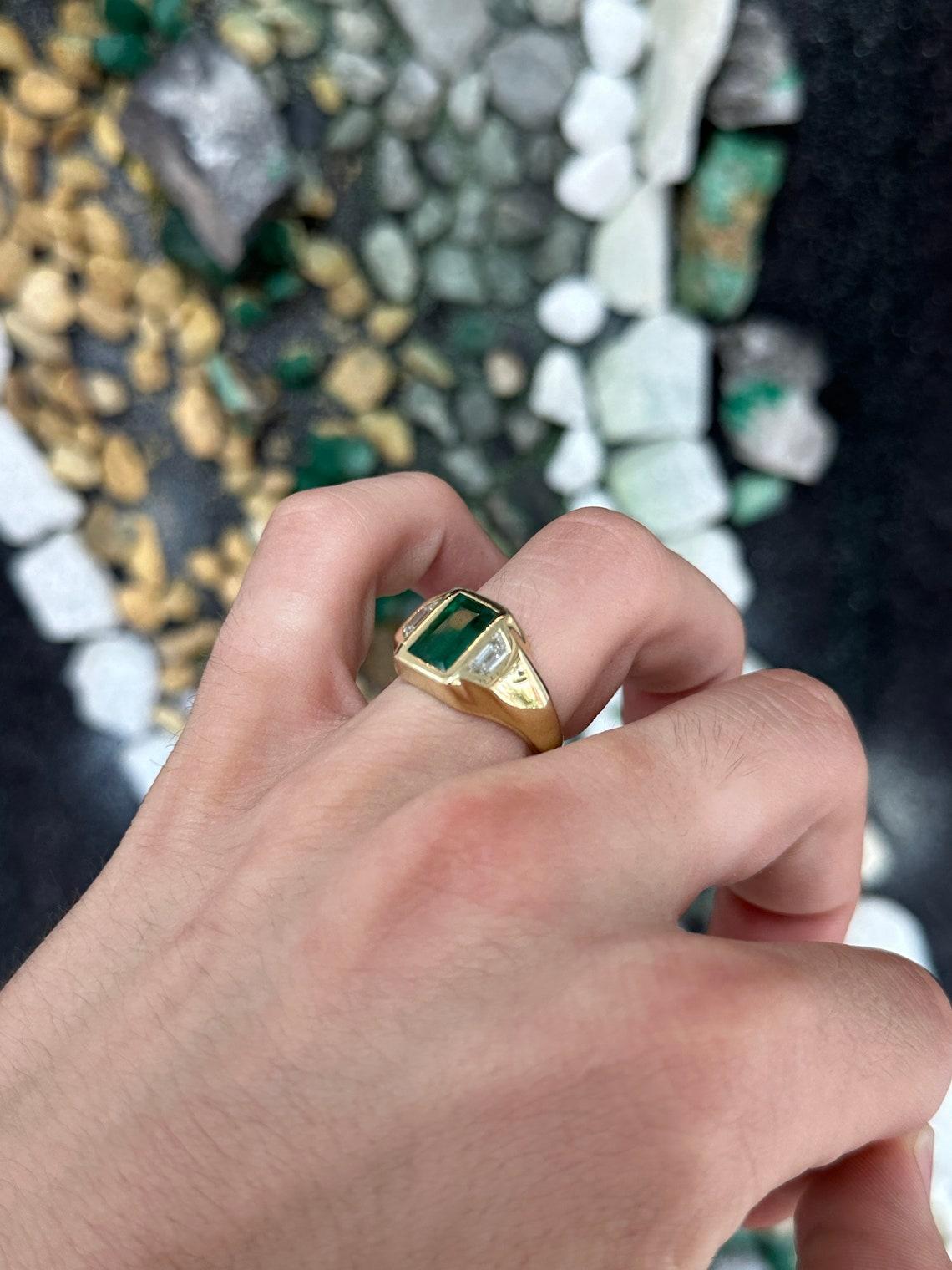 Emerald Cut 18K Gold 3.30tcw Dark Rich Green Emerald & Cadillac Diamond Three Stone Ring For Sale