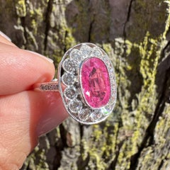 18k Gold 3.45ct Pink Tourmaline & Diamond Halo Milgrain Etching Detailed Ring
