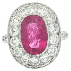 18k Gold 3.45ct Pink Tourmaline & Diamond Halo Milgrain Etching Detailed Ring