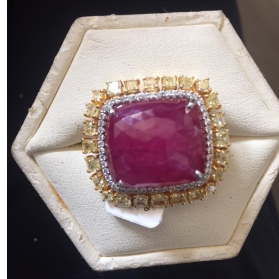 Classical Greek 18K Gold, 34.82 Natural Mozambique Ruby and Yellow Diamonds Cocktail Ring For Sale