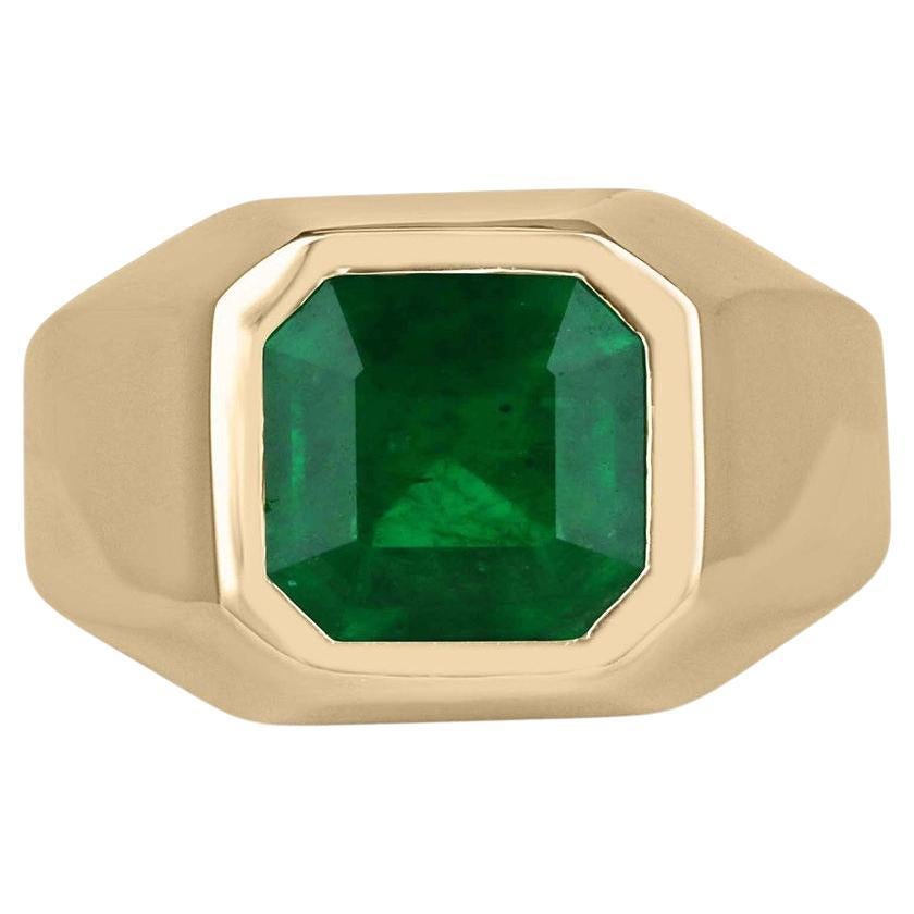 18K Gold 3.60ct Deep Green Colombian Emerald Asscher Cut Bezel Set Solitaire