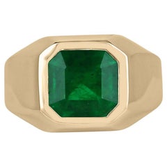 18K Gold 3.60ct Deep Green Colombian Emerald Asscher Cut Bezel Set Solitaire