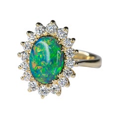 18k Gold 3.69 Carat Black Opal Cocktail Ring 1.14 Carat Diamond Cluster Halo