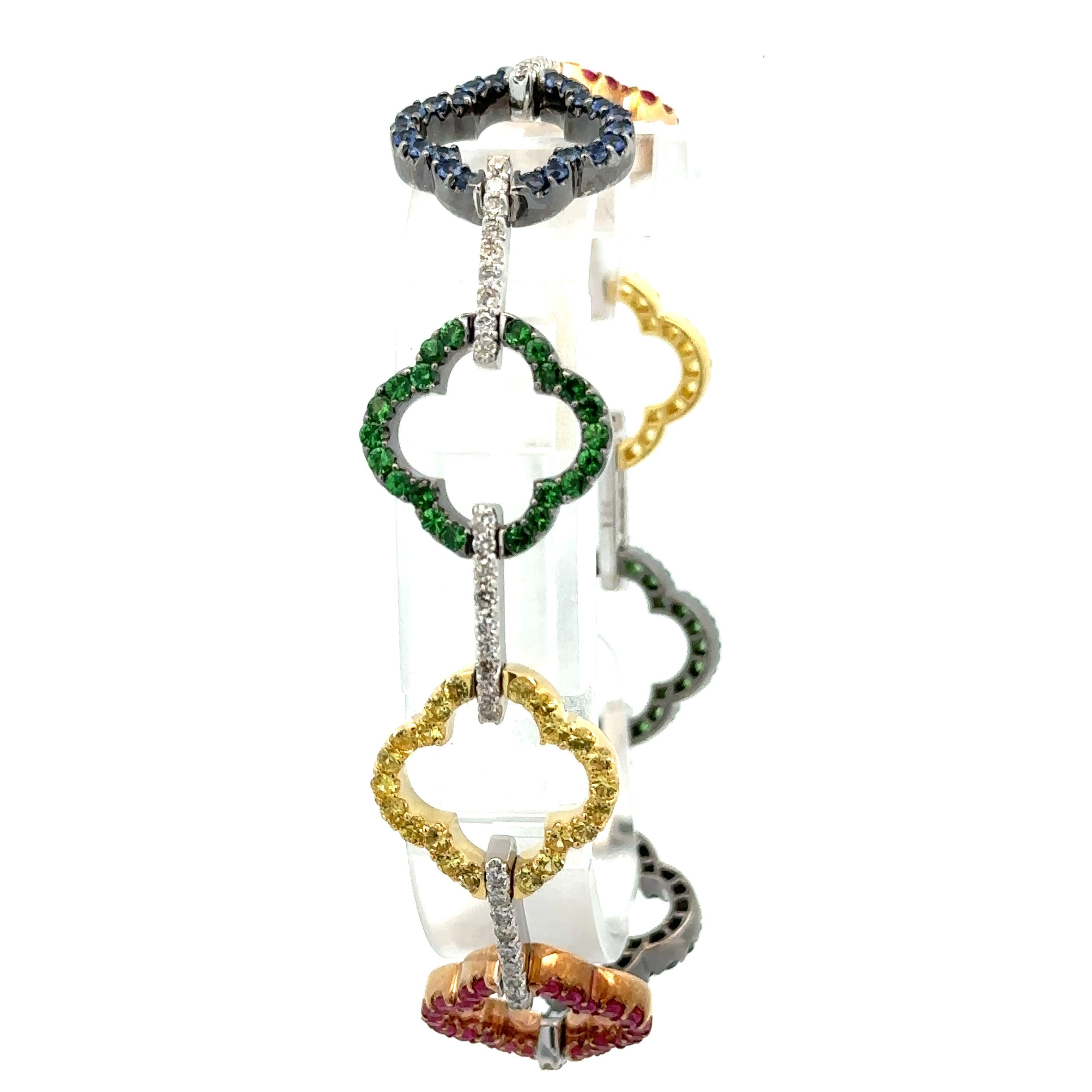Round Cut 18k Gold 3.75ctw Sapphire Tsavorite Diamond Open Quatrefoil Flower Link Bracelet For Sale