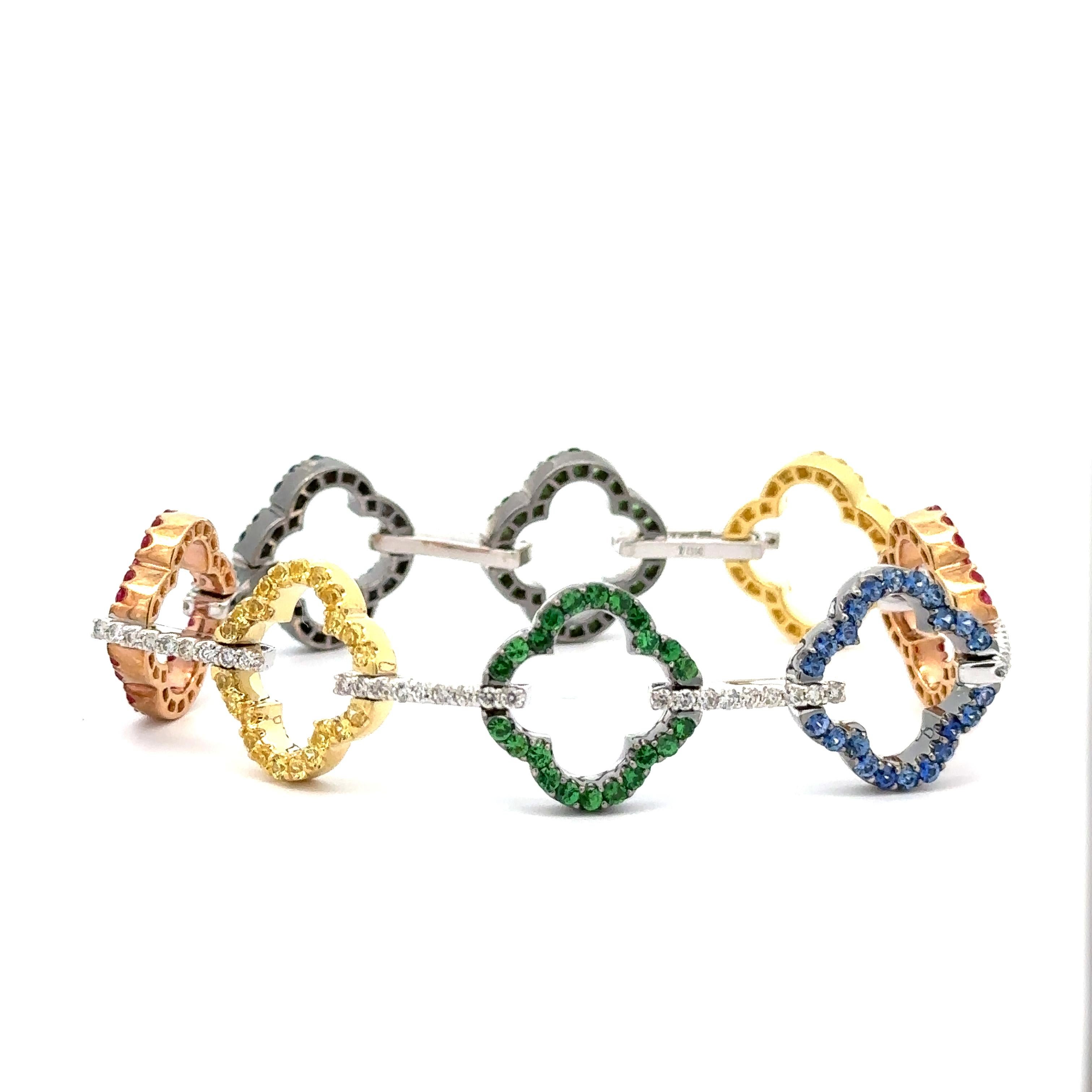 18k Gold 3.75ctw Sapphire Tsavorite Diamond Open Quatrefoil Flower Link Bracelet In Excellent Condition For Sale In Montclair, NJ