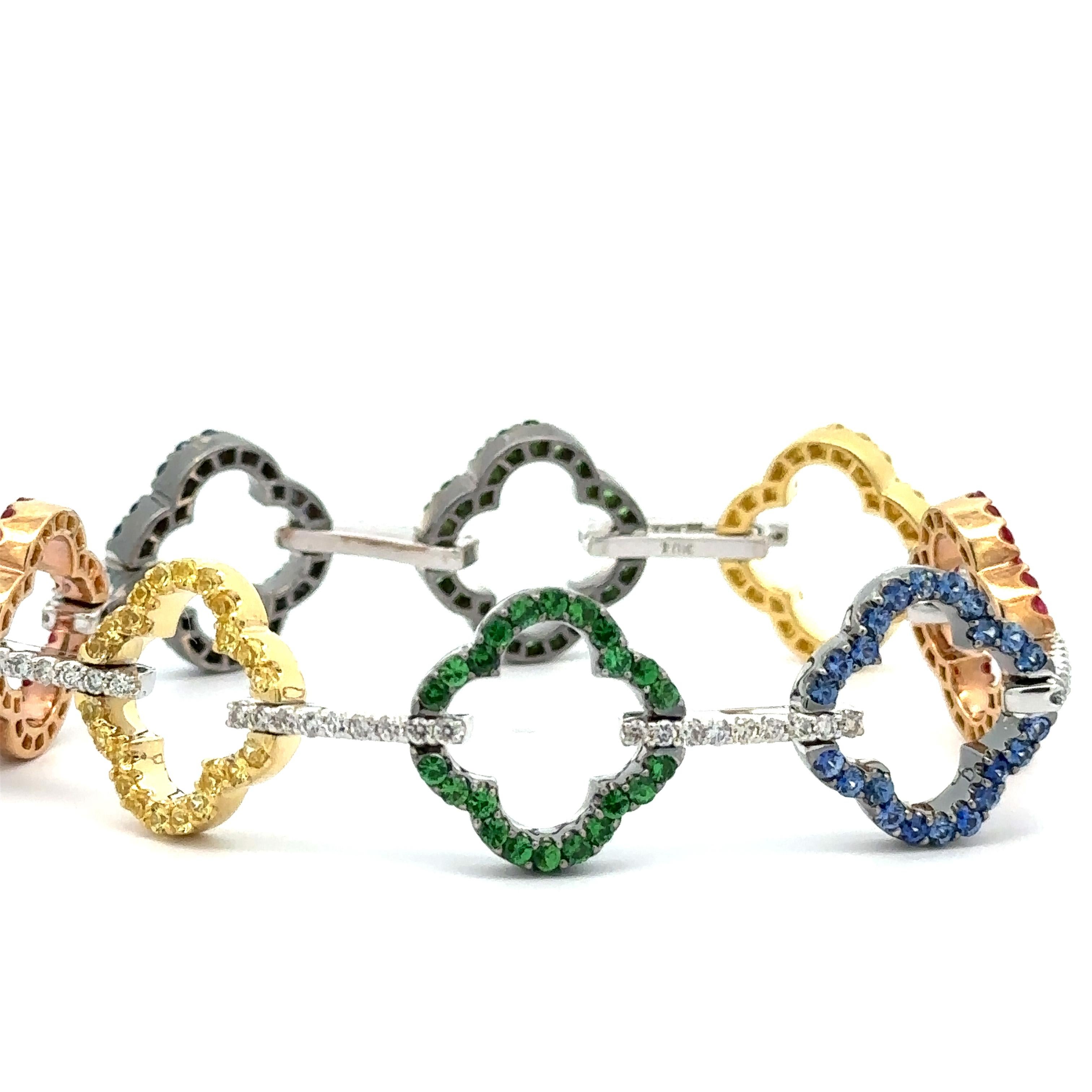 Women's 18k Gold 3.75ctw Sapphire Tsavorite Diamond Open Quatrefoil Flower Link Bracelet For Sale