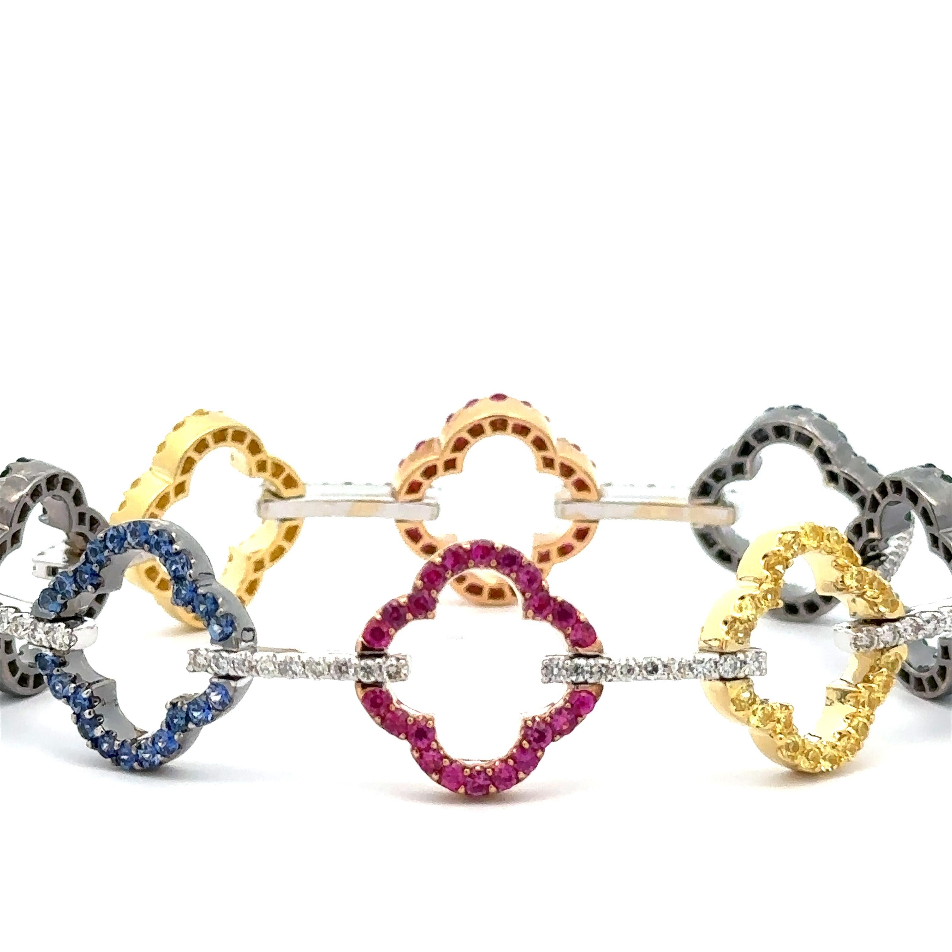 18k Gold 3.75ctw Sapphire Tsavorite Diamond Open Quatrefoil Flower Link Bracelet For Sale 2