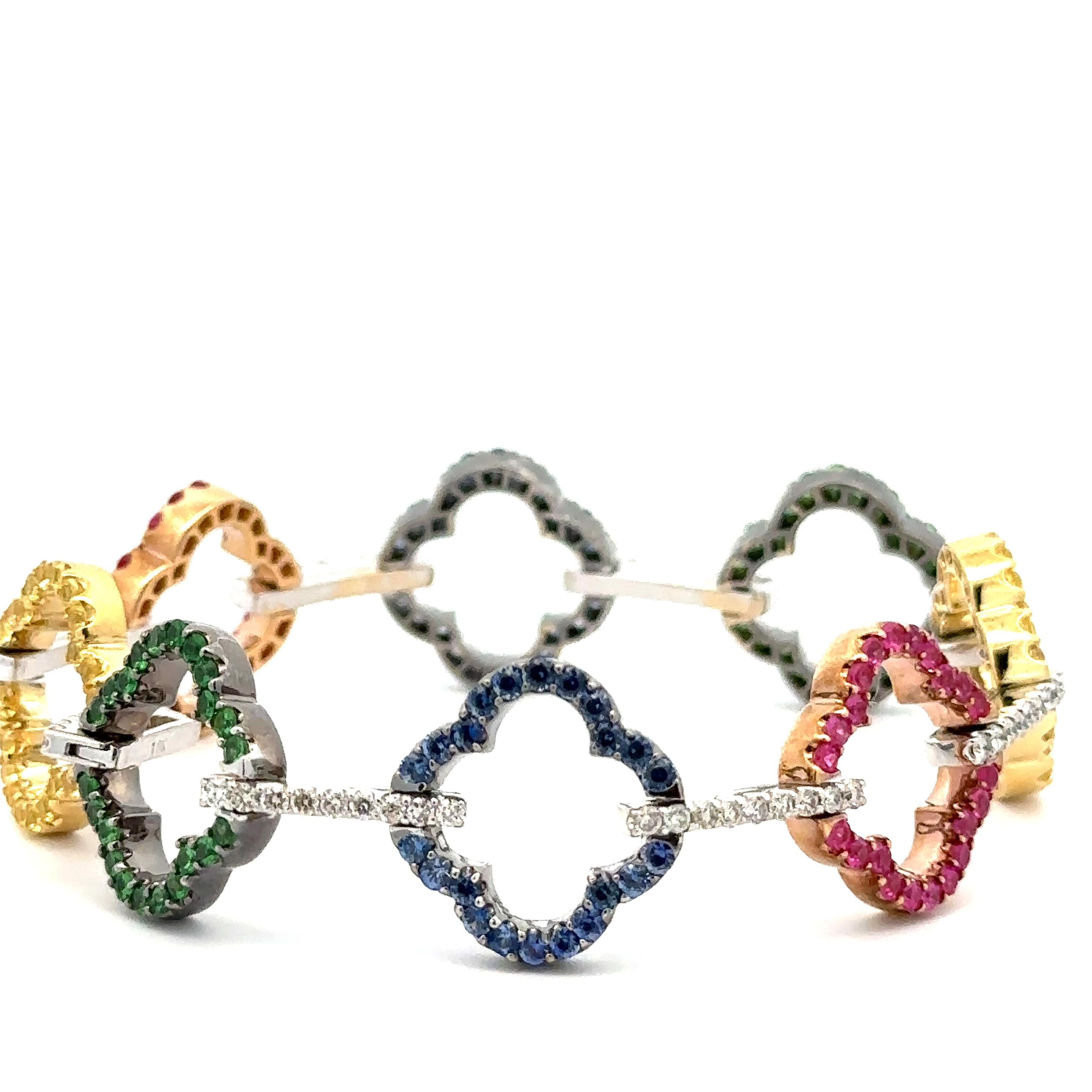 18k Gold 3.75ctw Sapphire Tsavorite Diamond Open Quatrefoil Flower Link Bracelet For Sale 3