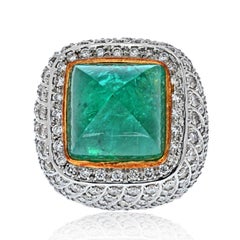 18K Gold 38 Carat Sugarloaf Green Emerald and Diamond Cocktail Ring