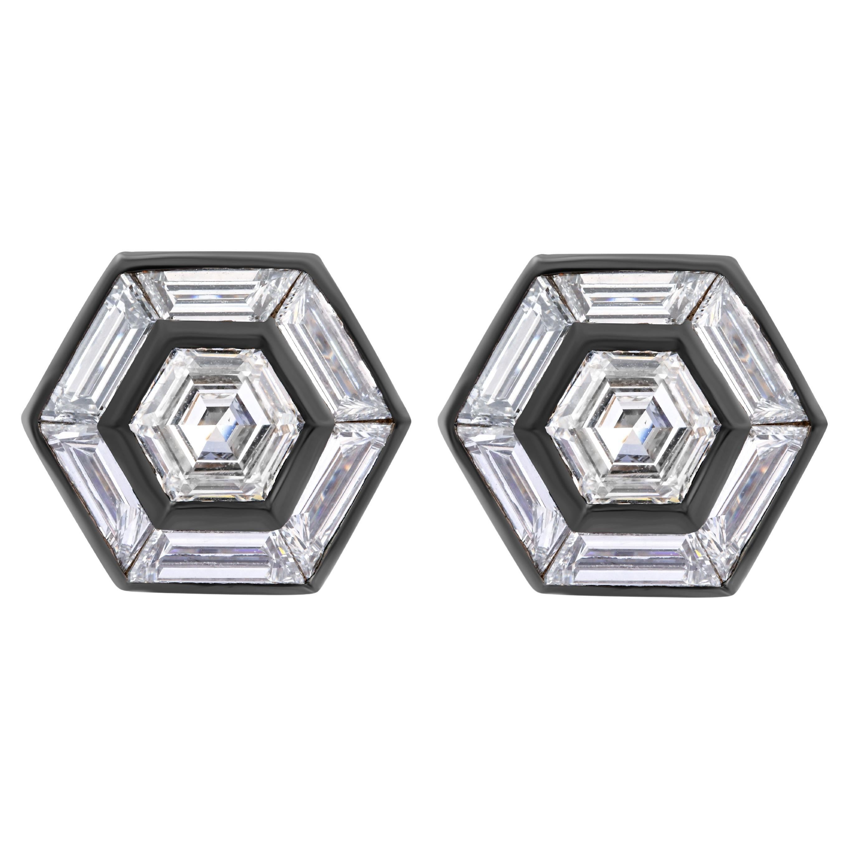 18k Gold 3.82 Carat Unique Hexagon Cut Baguettes Diamond Halo Studs Earrings For Sale