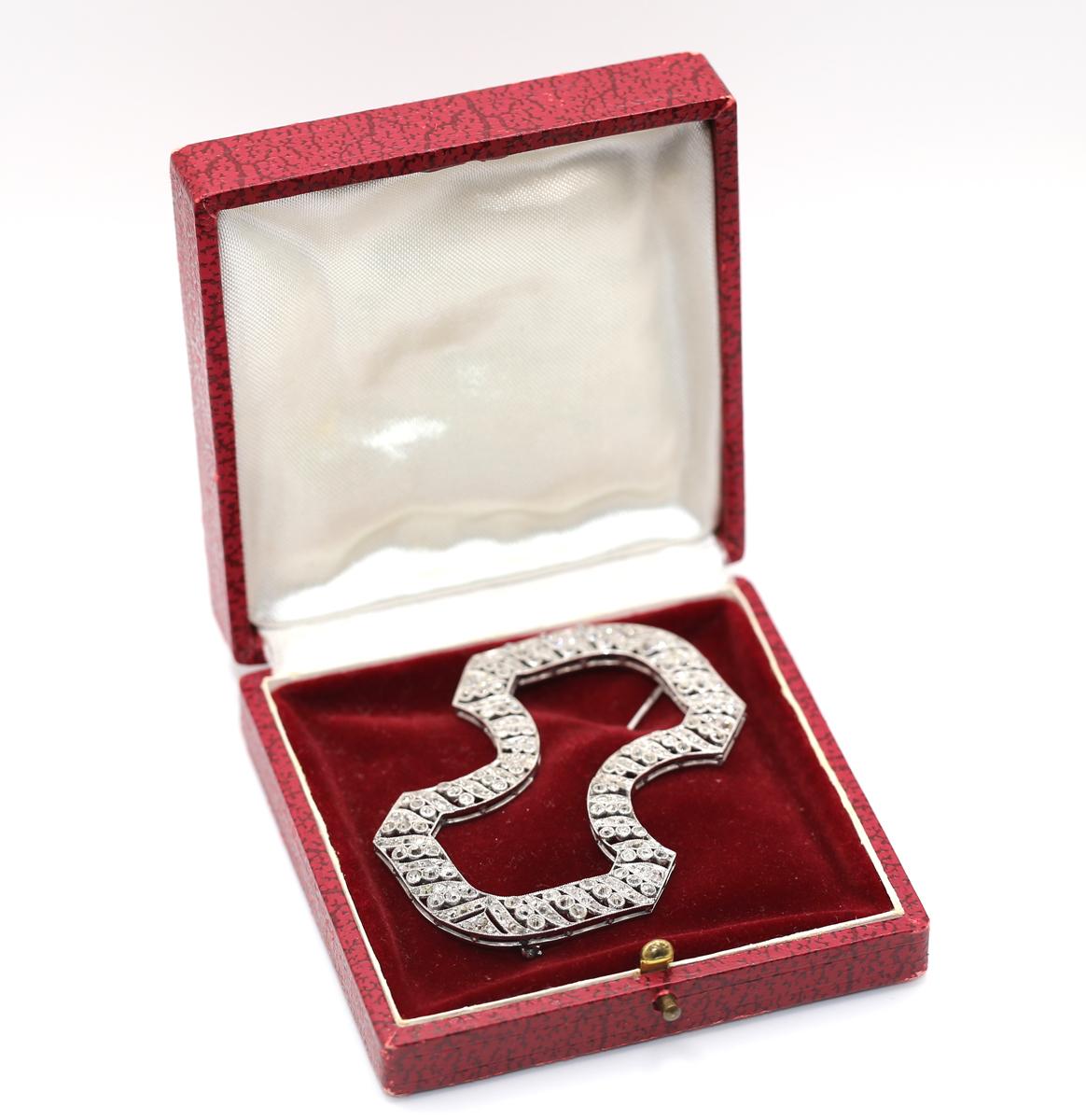 Edwardian 18K Gold 3.9 Carats Diamond Geometric Brooch Original Box, 1920 For Sale