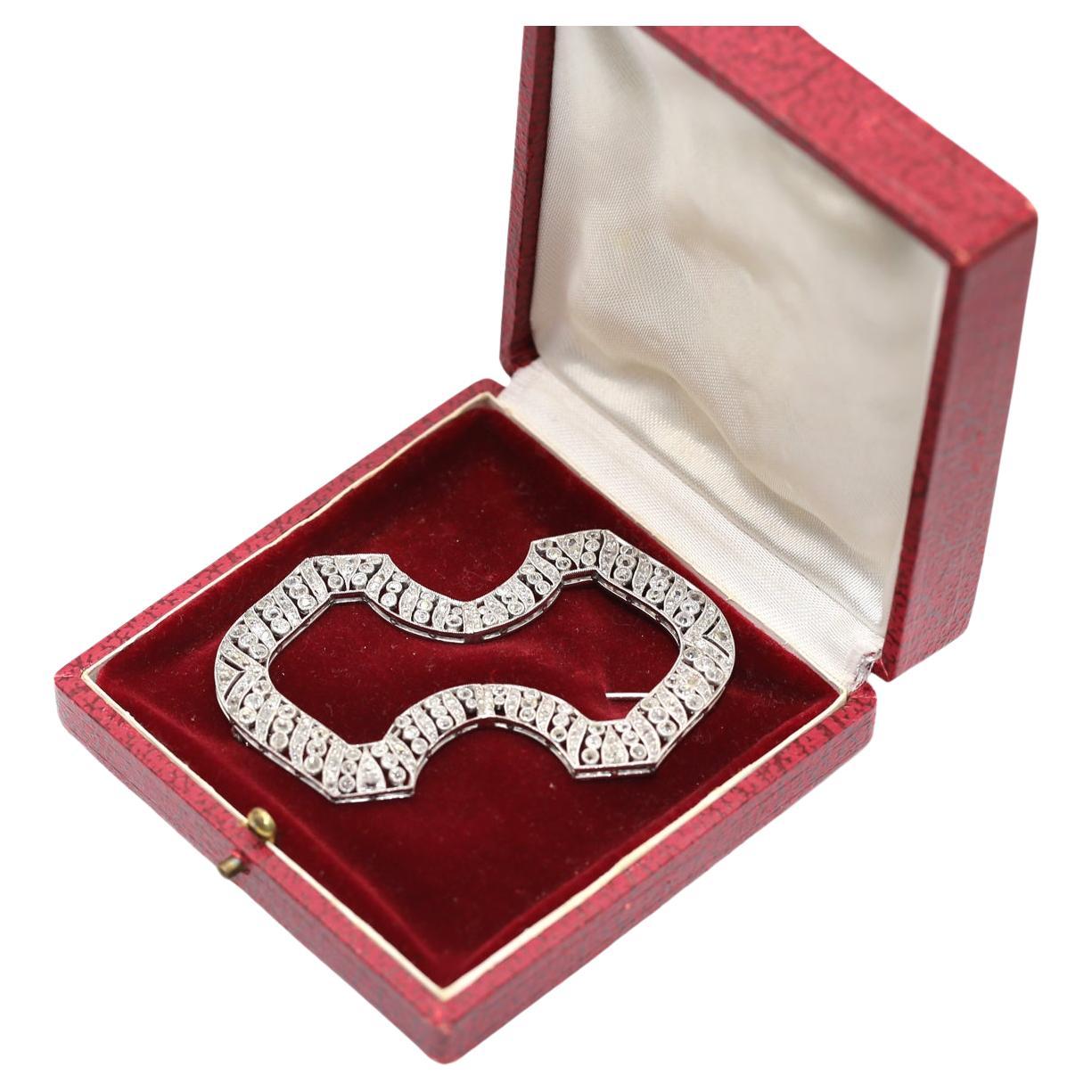 18K Gold 3.9 Carats Diamond Geometric Brooch Original Box, 1920 For Sale