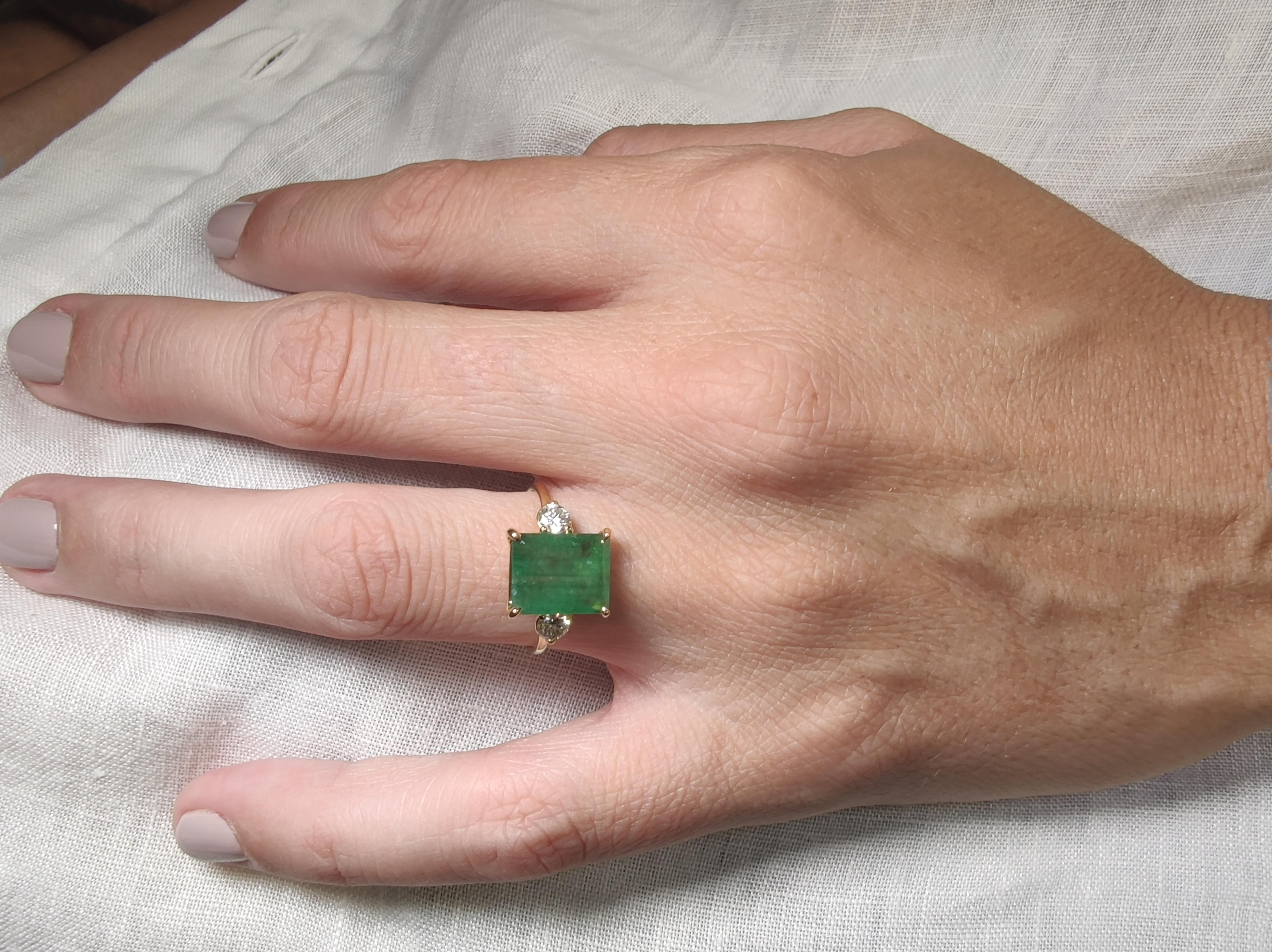 Emerald Cut 18K Gold 3.91 Carat Emerald 0.32 Carat  Diamond Ring -  Engagement Gift for Her For Sale