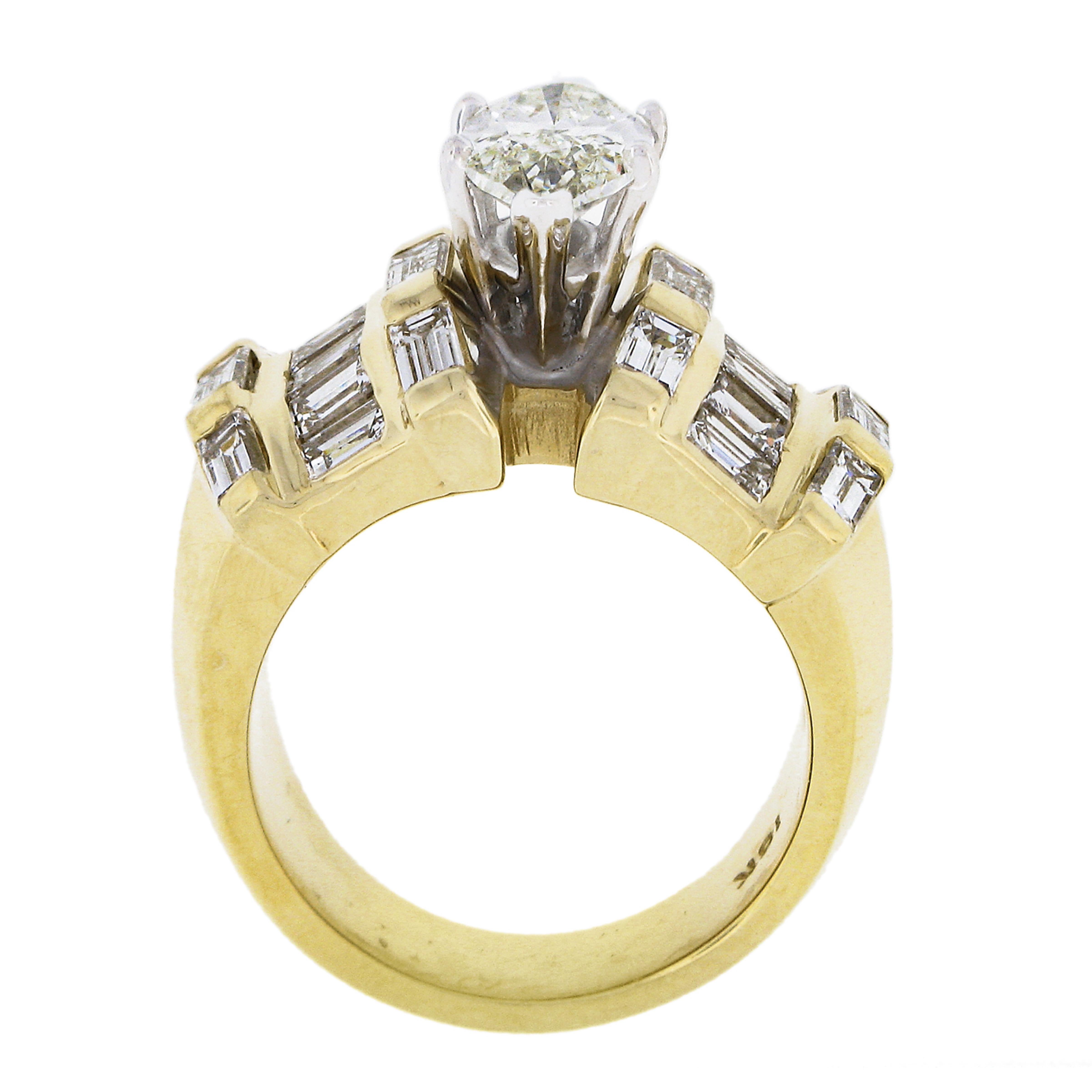 18k Gold 3.97ctw GIA Marquise Diamond w/ Baguette Sides Wide Engagement Ring For Sale 2