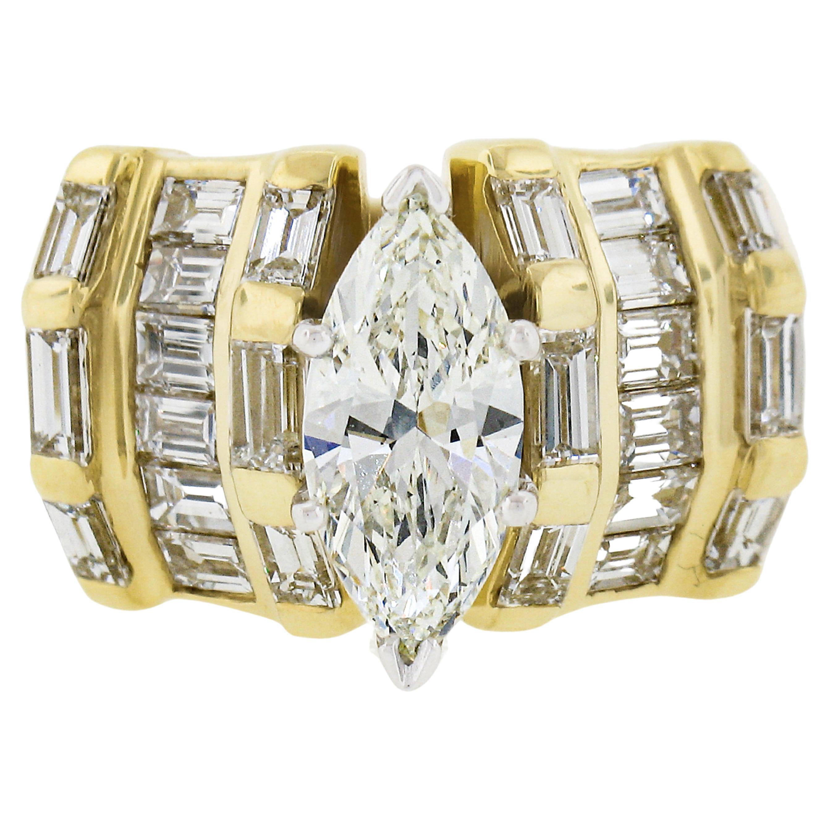 18k Gold 3.97ctw GIA Marquise Diamond w/ Baguette Sides Wide Engagement Ring For Sale