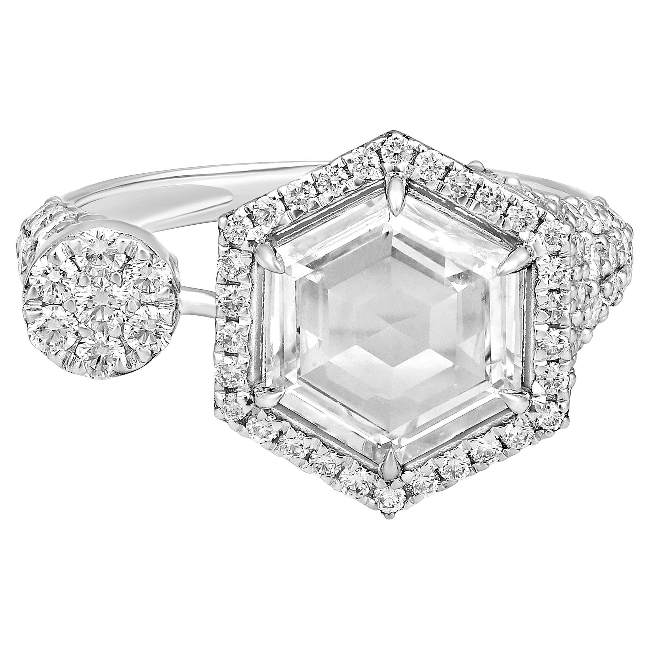 Bague Halo en or 18 carats, diamant de création artisanale D-VVS, taille rose, solitaire hexagonal en vente