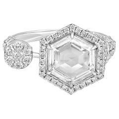 Bague Halo en or 18 carats, diamant de création artisanale D-VVS, taille rose, solitaire hexagonal