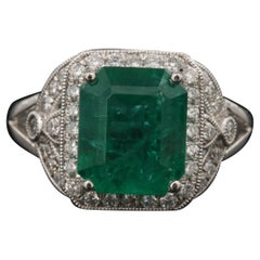 18K Gold 4 CT Natural Emerald and Diamond Antique Art Deco Style Engagement Ring