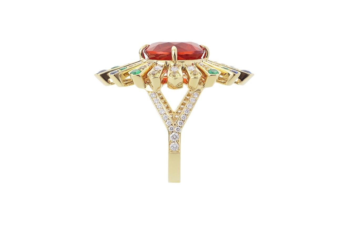 Women's 4.04 Carat Mexican Fire Opal Colored Sapphires Diamond Cocktail Ring 18k Gold
