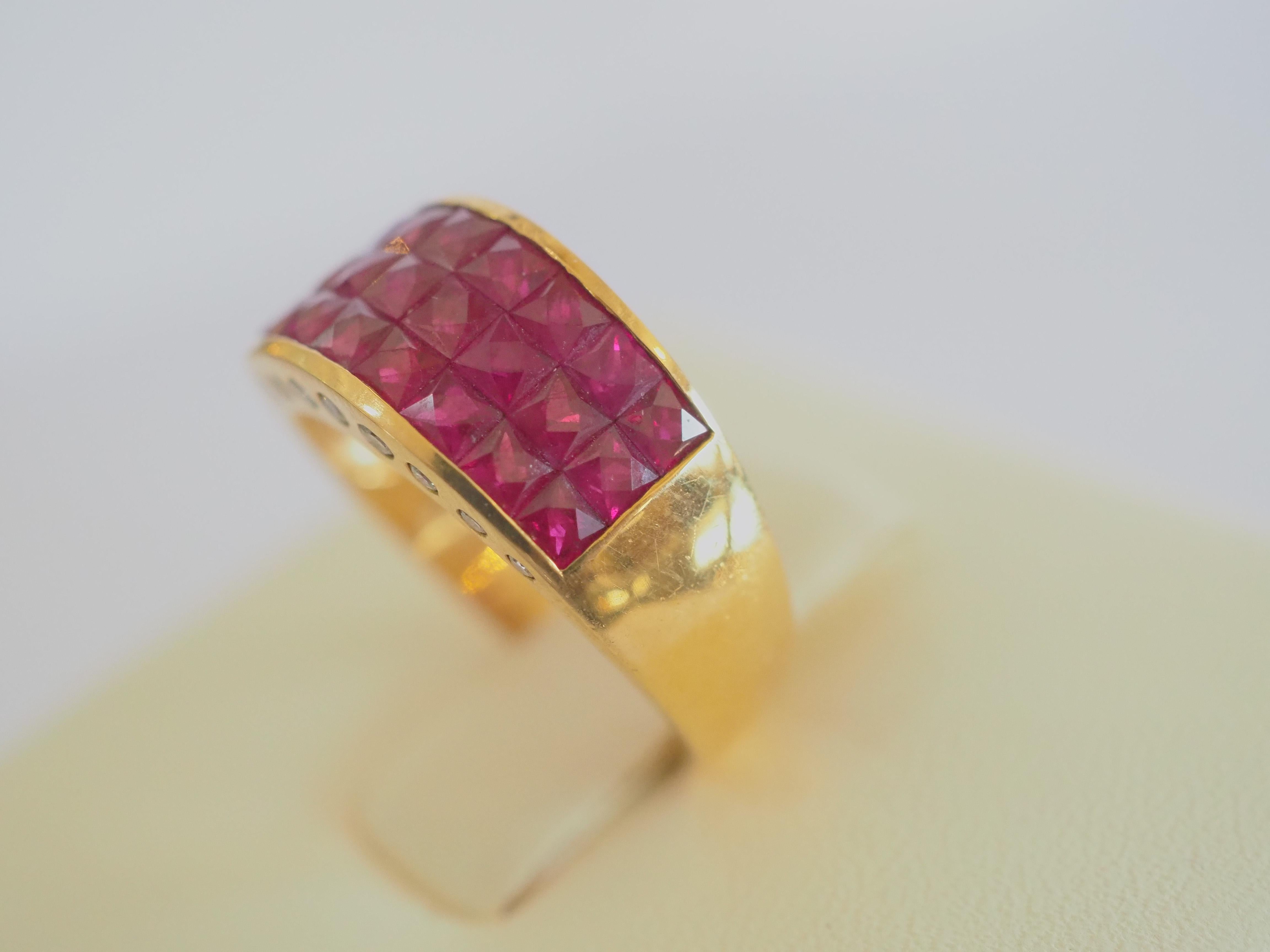 18K Gold 4.10ct Squared Pinkish Red Ruby & 0.16ct Diamond Invincible Band Ring For Sale 1