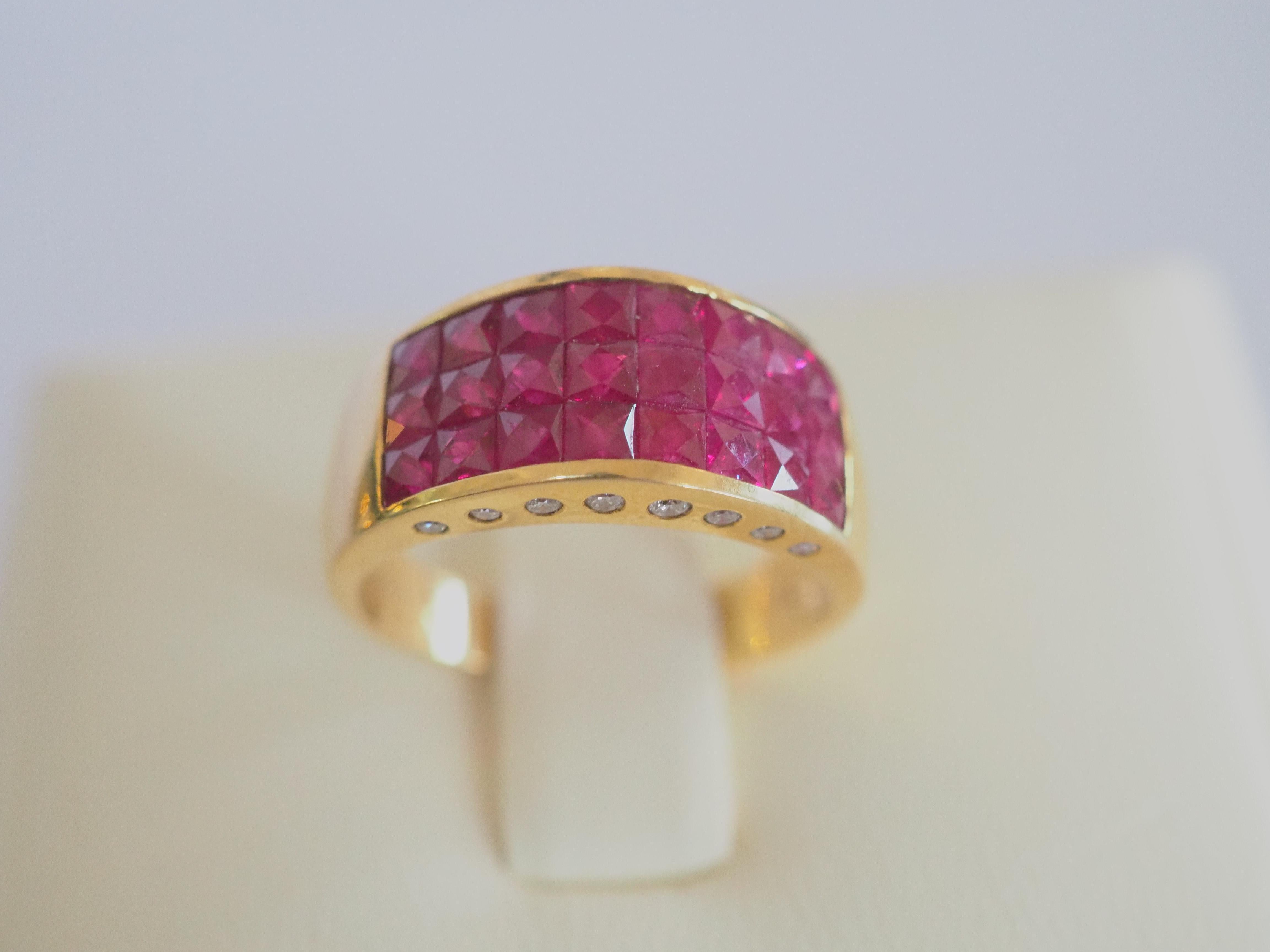 18K Gold 4.10ct Squared Pinkish Red Ruby & 0.16ct Diamond Invincible Band Ring For Sale 2
