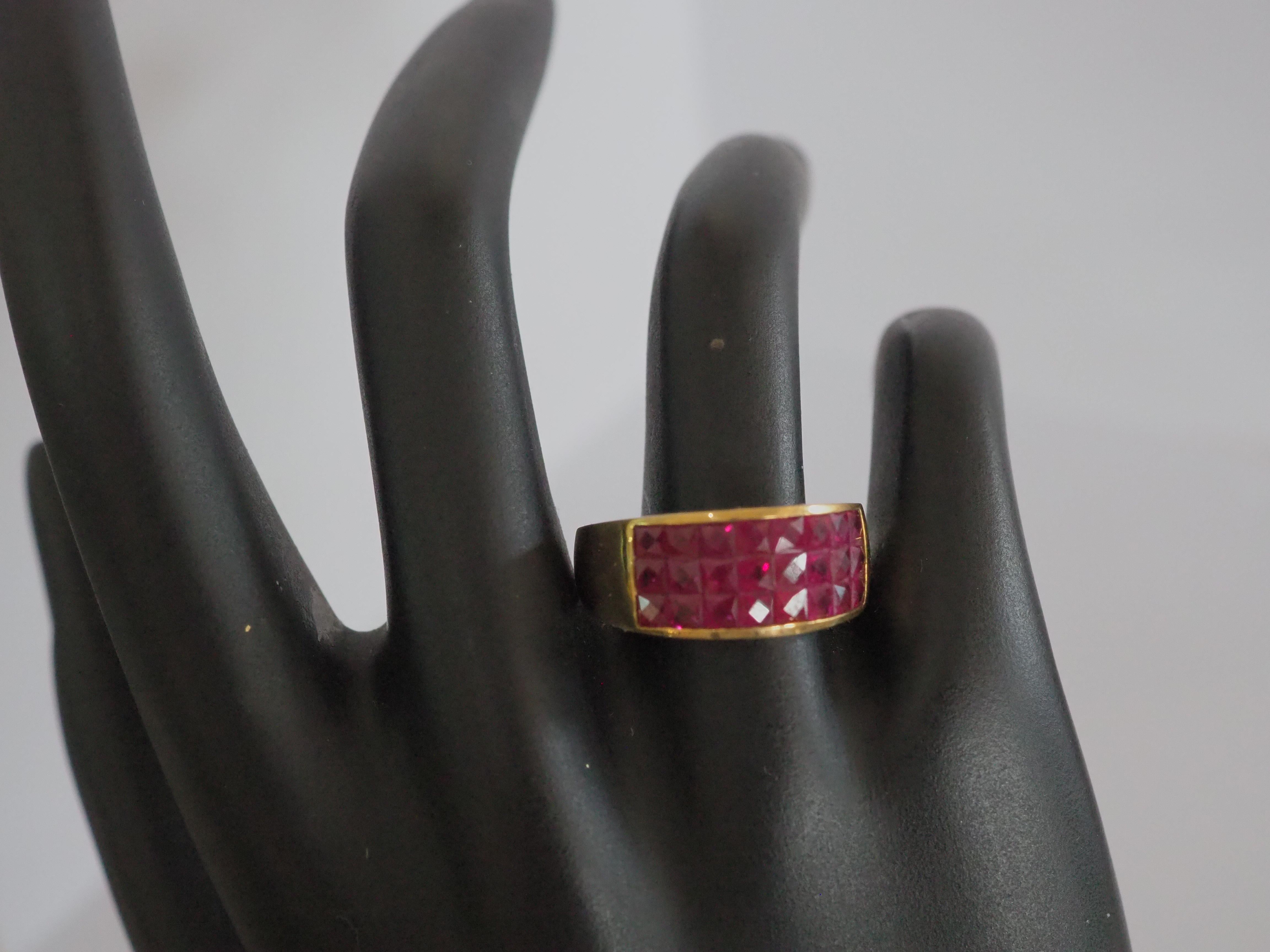 18K Gold 4.10ct Squared Pinkish Red Ruby & 0.16ct Diamond Invincible Band Ring For Sale 4