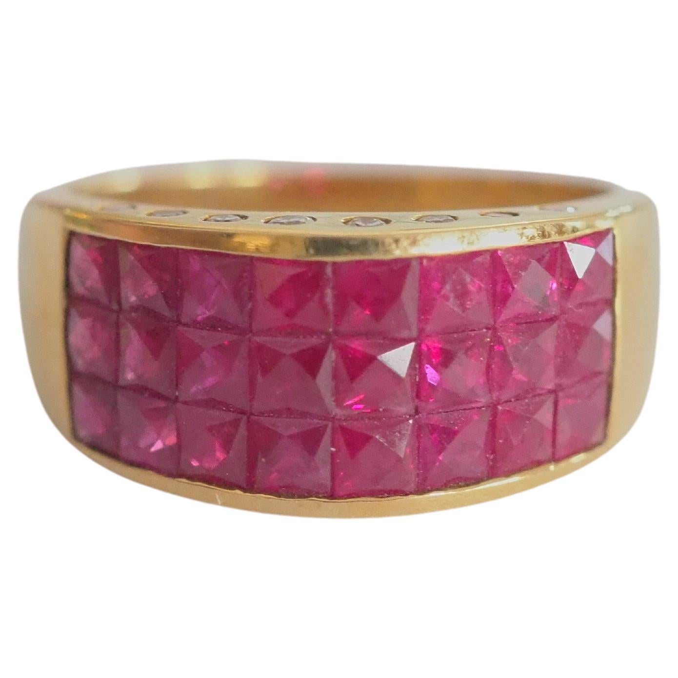 18K Gold 4.10ct Squared Pinkish Red Ruby & 0.16ct Diamond Invincible Band Ring For Sale