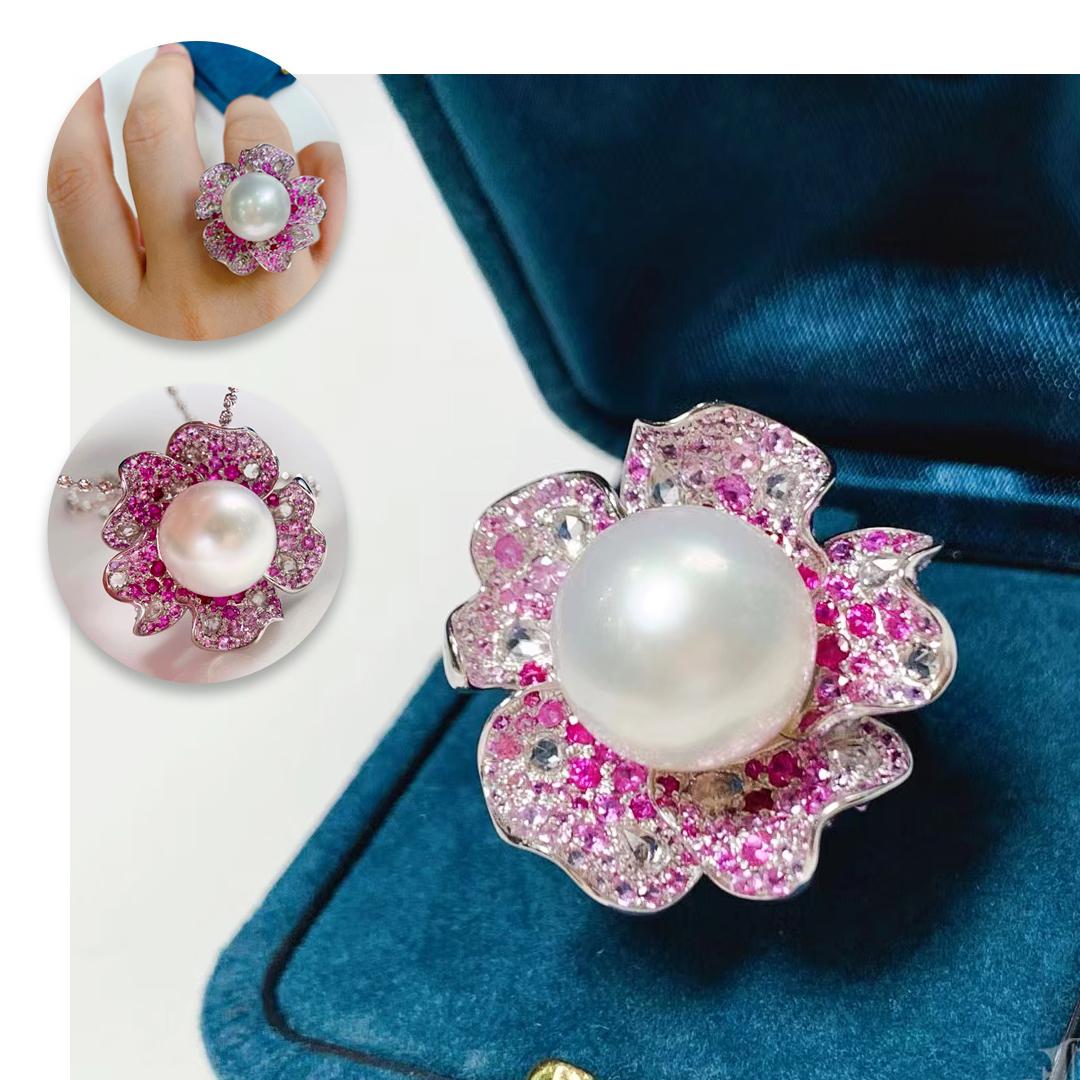 Uncut 【Crown Radiance】Convertible Royale Bloom South Sea Pearl Sapphire Ring Pendant For Sale