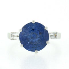 18k Gold 4.27ctw GIA Round Ceylon Sapphire Engagement Ring w/ Baguette Diamonds