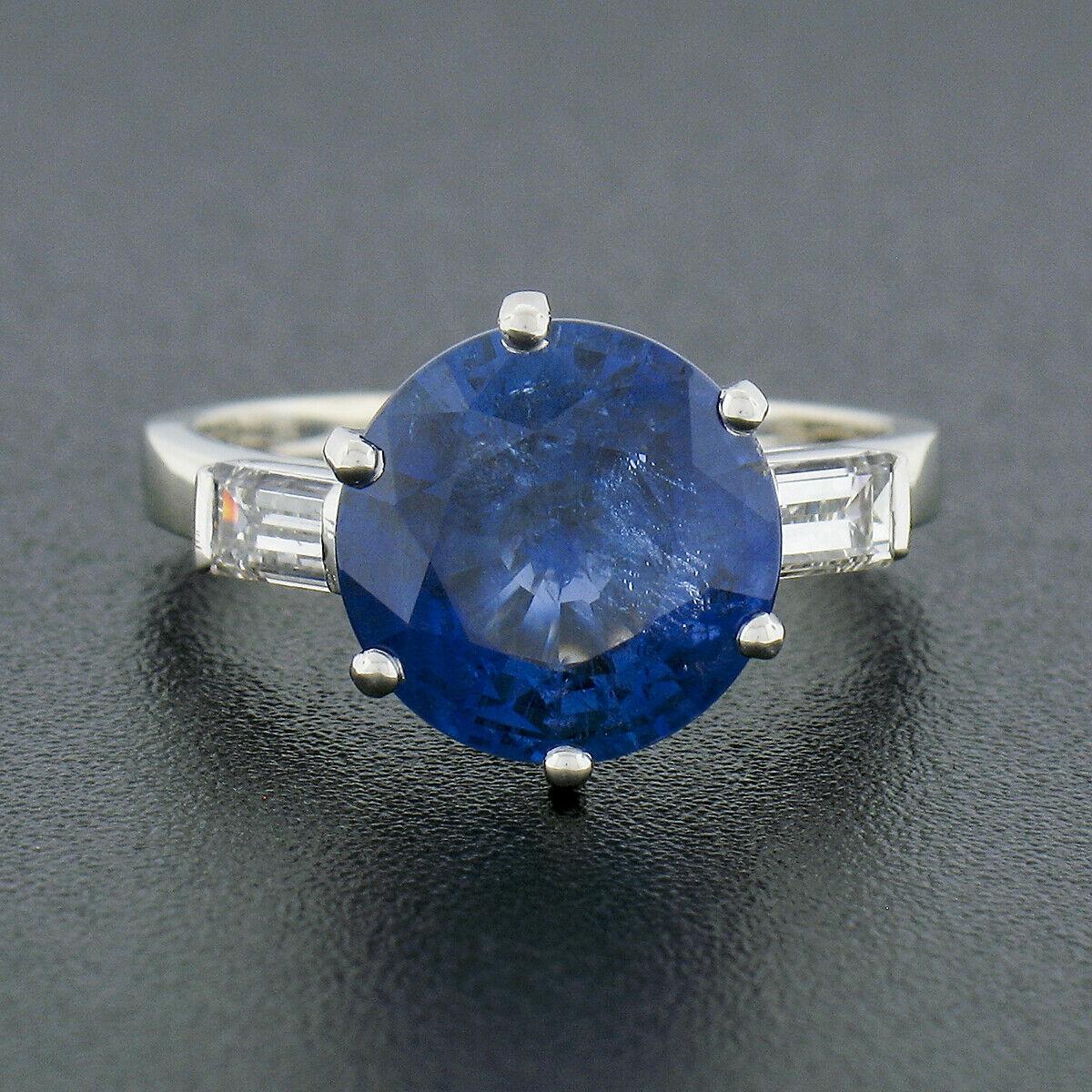 Round Cut 18k Gold 4.27ctw GIA Round Ceylon Sapphire Engagement Ring w/ Baguette Diamonds