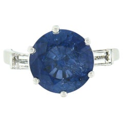 Vintage 18k Gold 4.27ctw GIA Round Ceylon Sapphire Engagement Ring w/ Baguette Diamonds