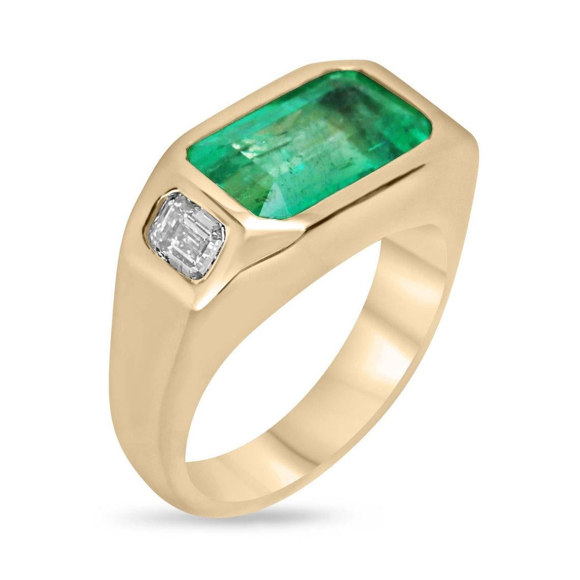 Behold the epitome of sophistication with this captivating emerald and diamond three-stone ring. At its center sits a mesmerizing 3.65-carat natural Colombian emerald, expertly cut in an east-to-west emerald cut, highlighting its breathtaking vivid