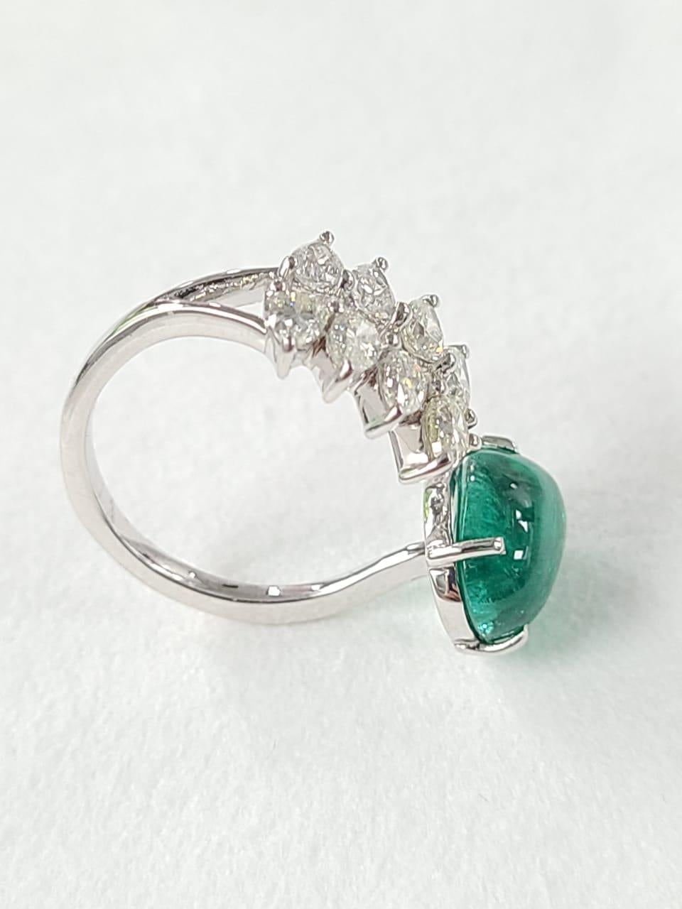 Pear Cut 18 Karat Gold 4.30 Carat Zambian Cabochon Emerald and Pear Diamond Cocktail Ring
