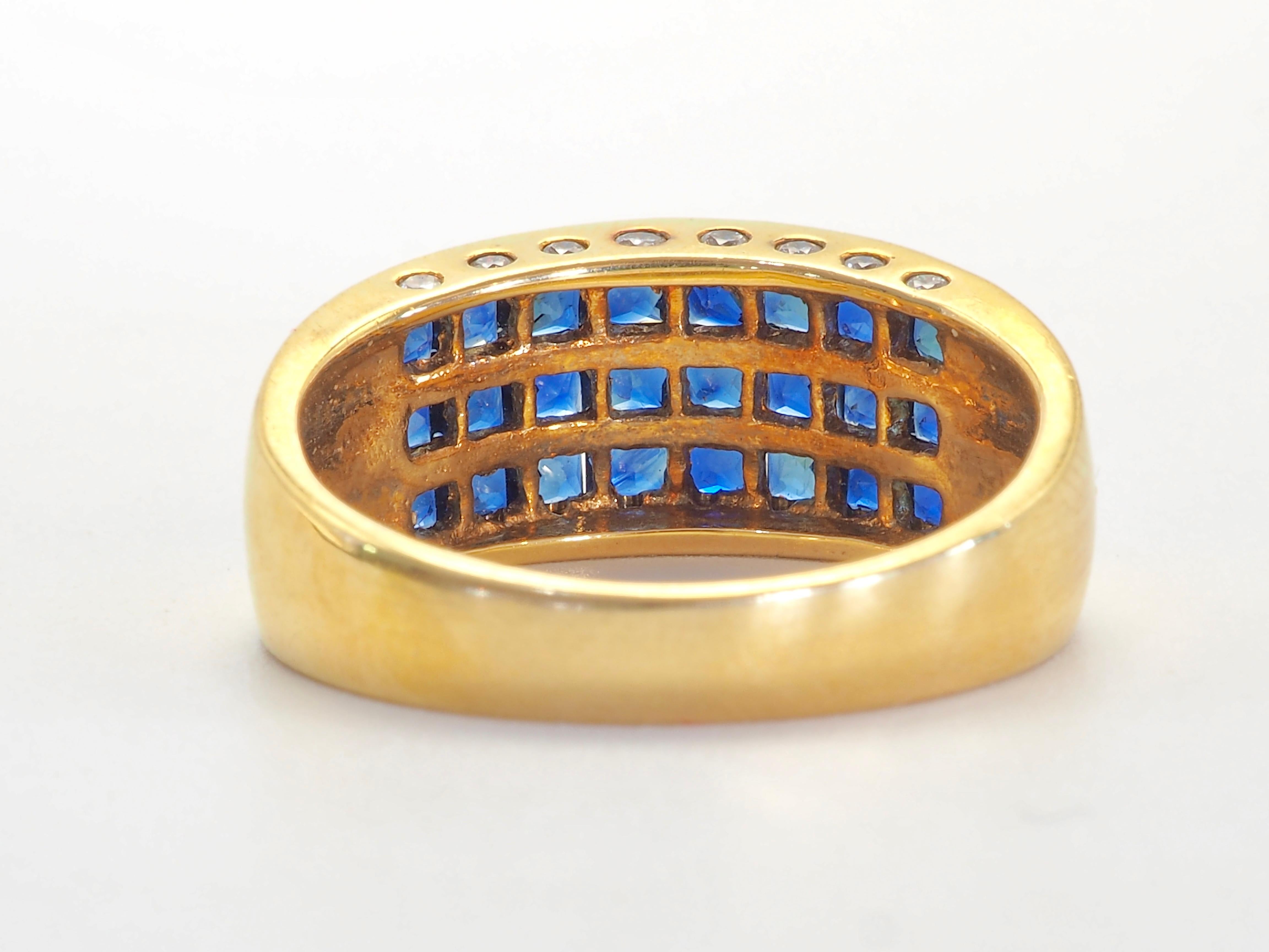 Square Cut 18K Gold 4.30ct Squared Sparking Sapphire & 0.16ct Diamond Invincible Band Ring For Sale