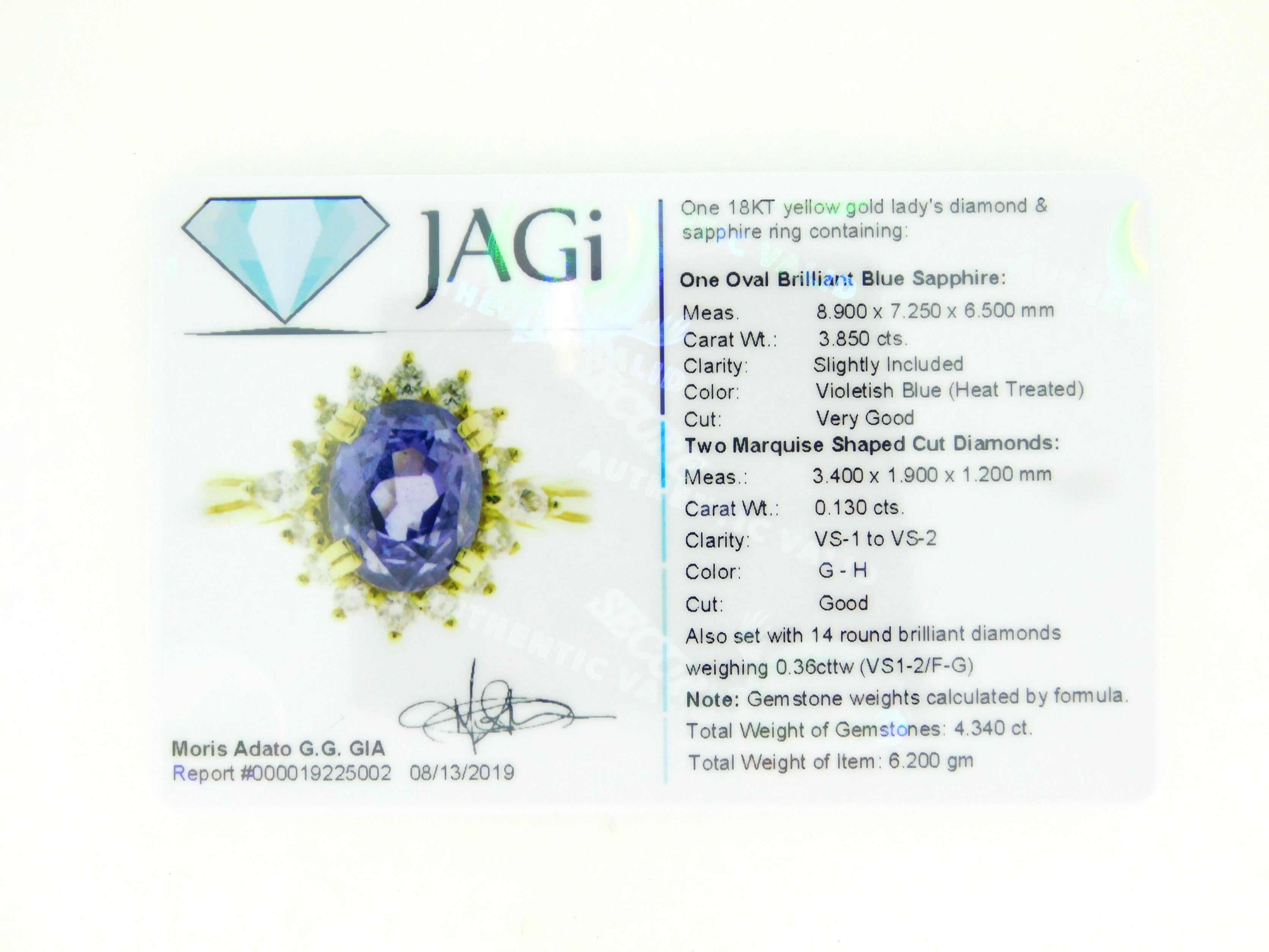 18k Gold 4.34cts Genuine Natural Ceylon Sapphire and Diamond Ring '#J3398' For Sale 8