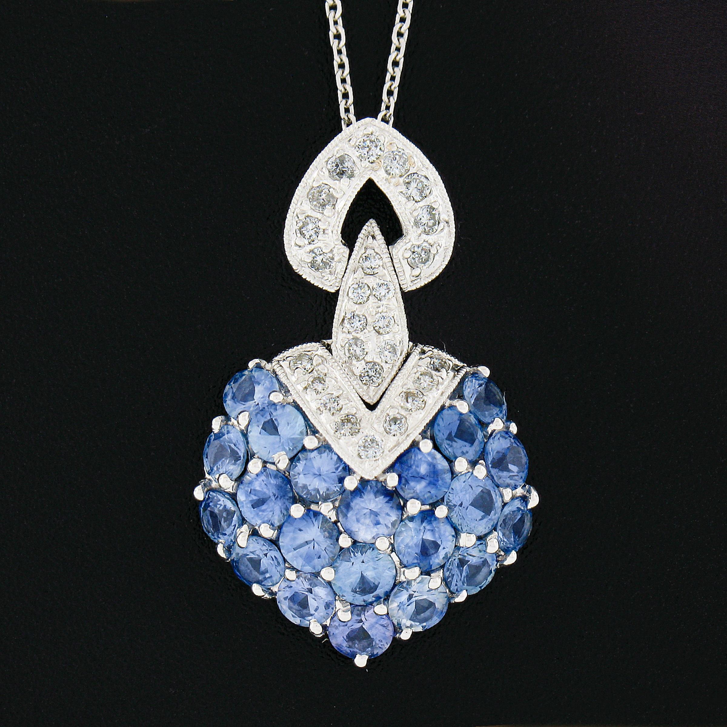 Round Cut 18K Gold 4.35ctw Round Sapphire & Diamond Cluster Pendant & 14k Chain Necklace For Sale