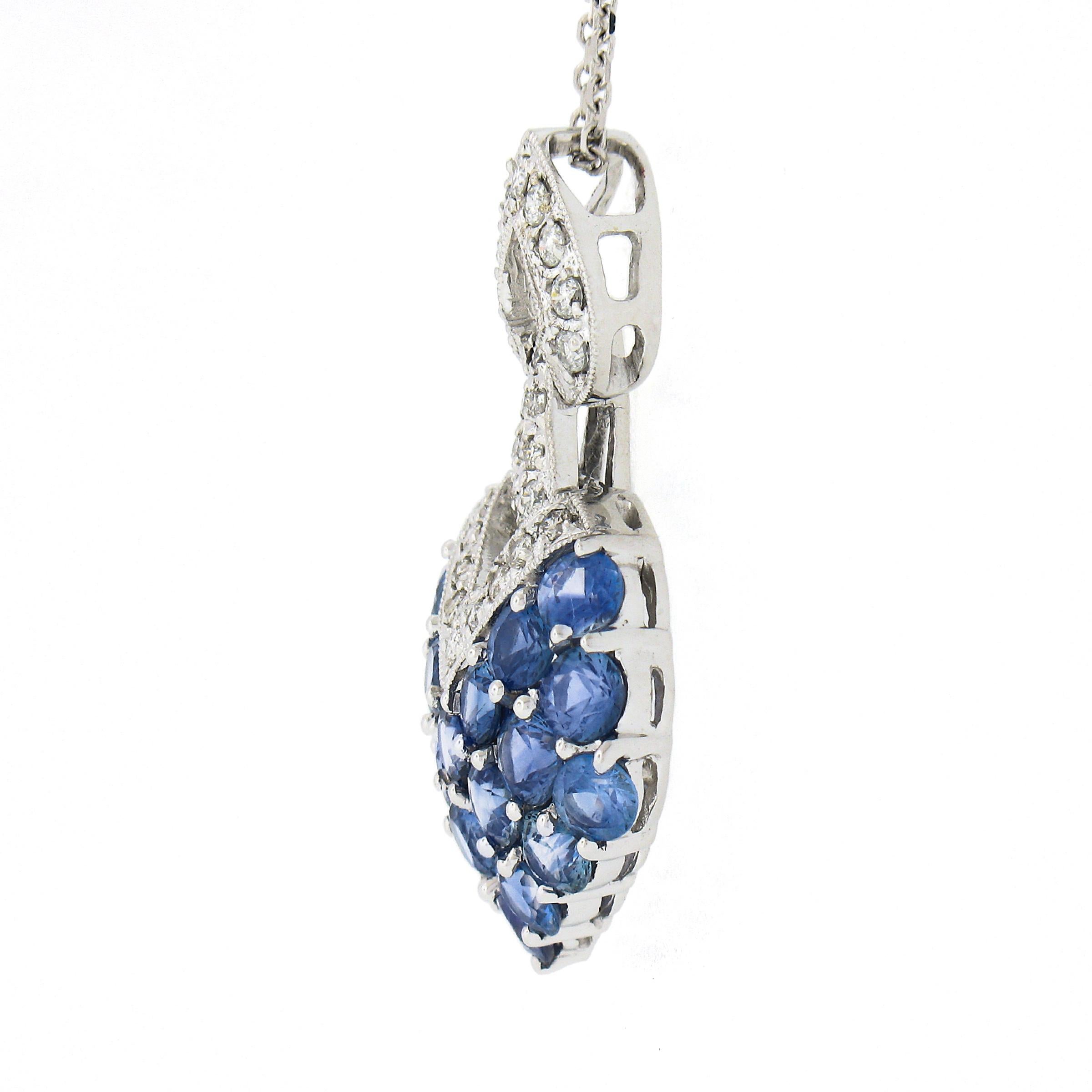 Women's 18K Gold 4.35ctw Round Sapphire & Diamond Cluster Pendant & 14k Chain Necklace For Sale
