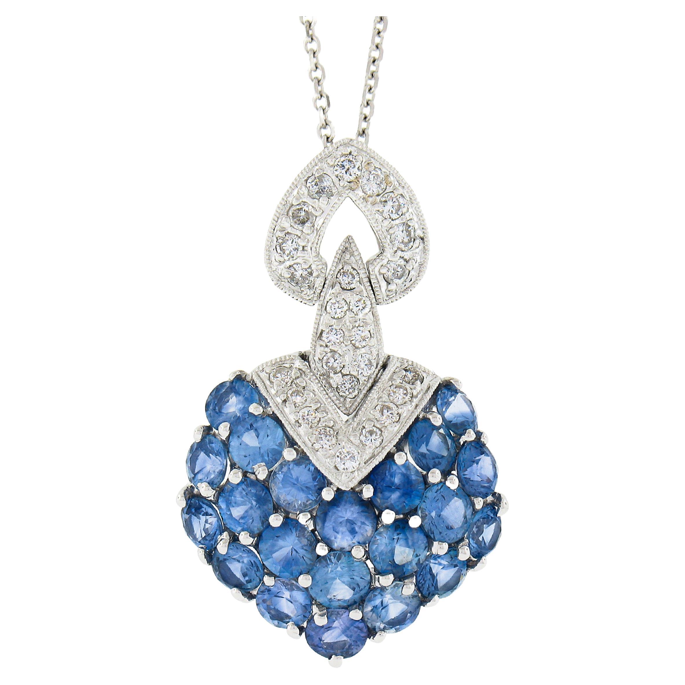 18K Gold 4.35ctw Round Sapphire & Diamond Cluster Pendant & 14k Chain Necklace For Sale