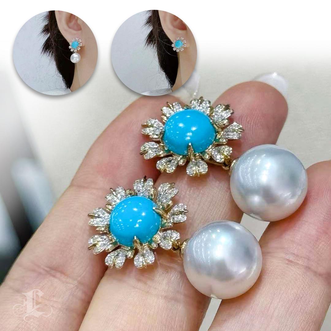 Uncut 【Caelmare】Azure Bloom Convertible Turquoise & South Sea Pearl Earrings For Sale